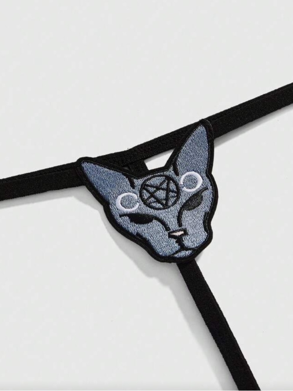Embroidered Cat Pentagram Thong - Black